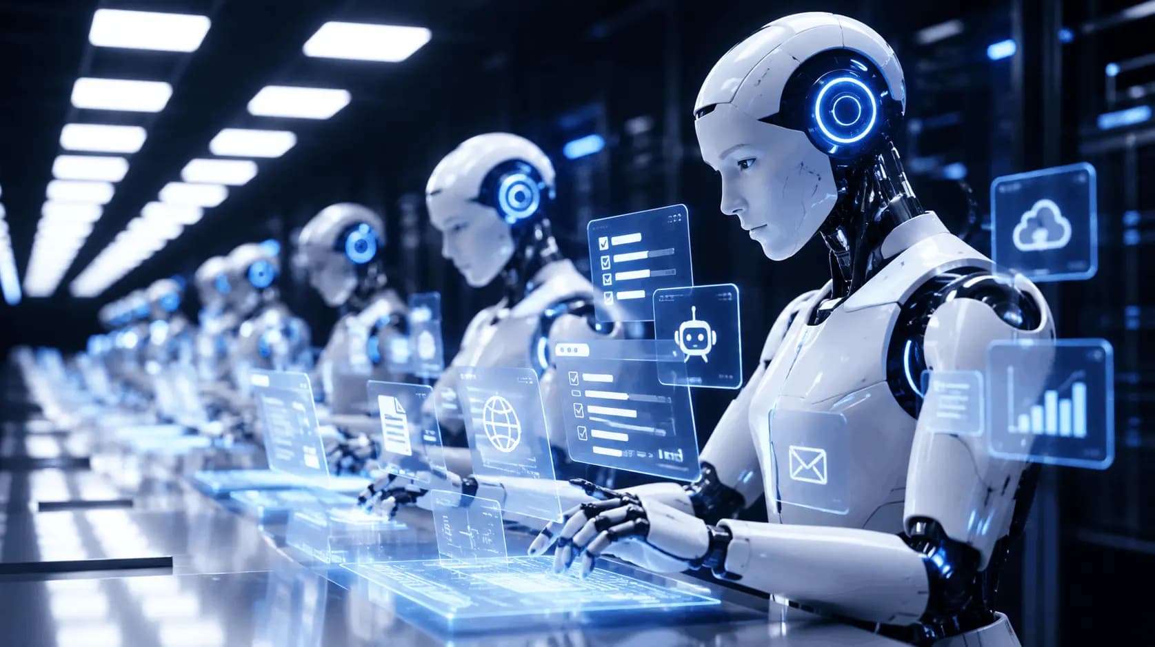 Fila de robots humanoides trabajando frente a pantallas holográficas en un centro de datos